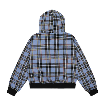 チェック柄ファーフードワンポイント刺繍ロゴジップアップジャケット/2color/cm0013