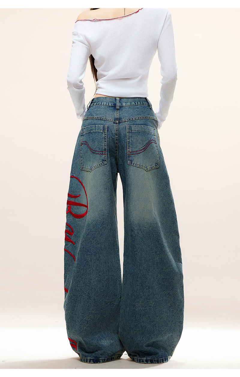 サイド刺繍デザインバックポケットステッチディテールデニムパンツ/cm0120