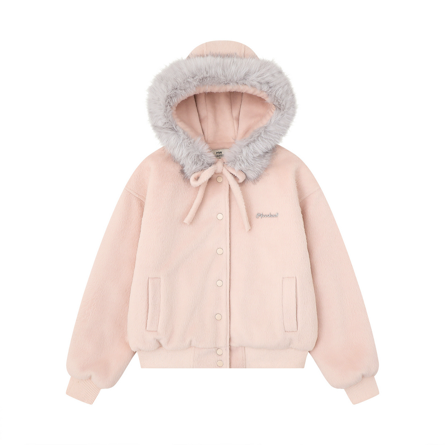 リボンデザインフェイクファーフードジャケット/2color/cm0002