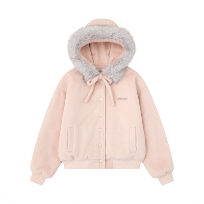 リボンデザインフェイクファーフードジャケット/2color/cm0002