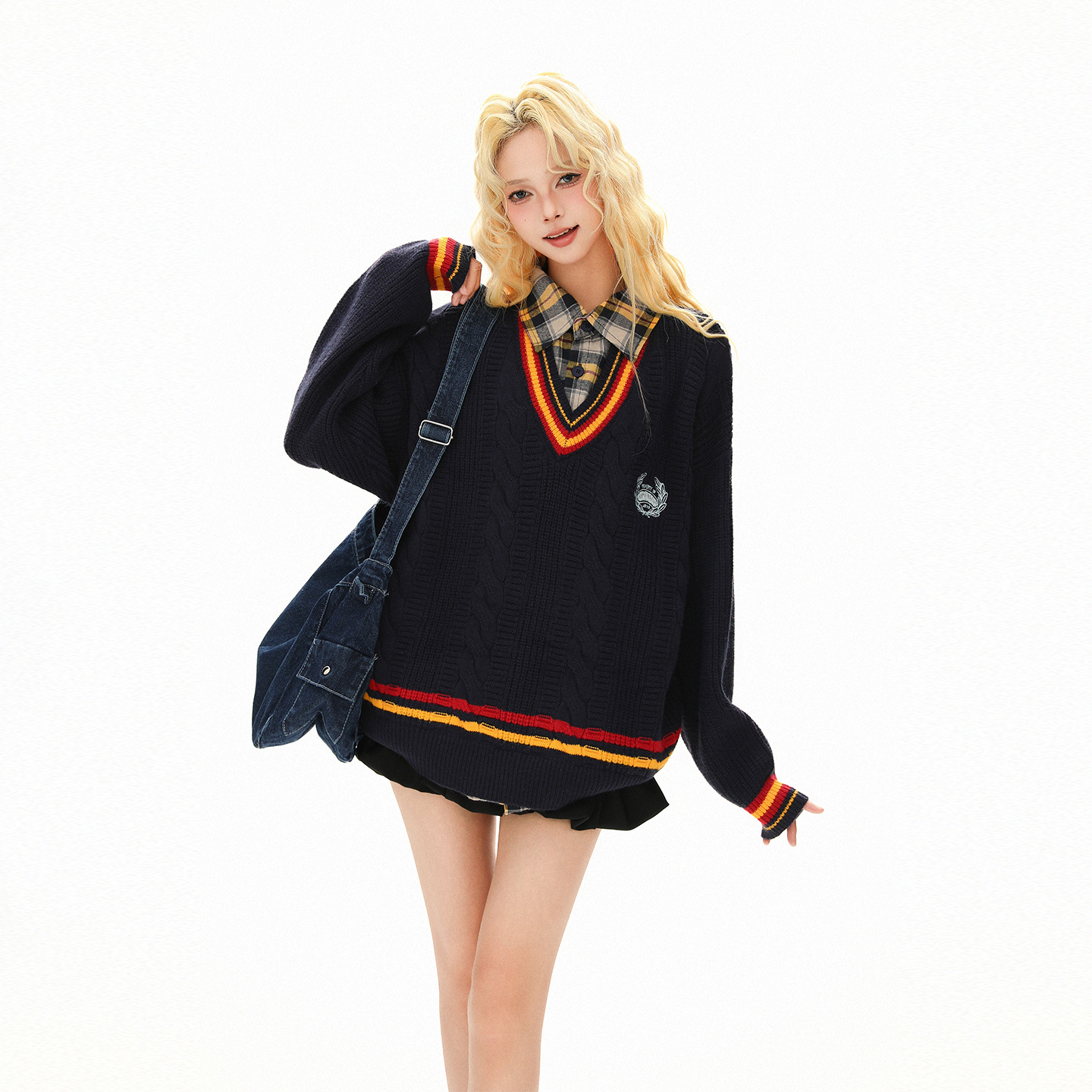 シャツフェイクレイヤード/ラインネック/ワンポイントケーブル編みデザインニット/cm0057