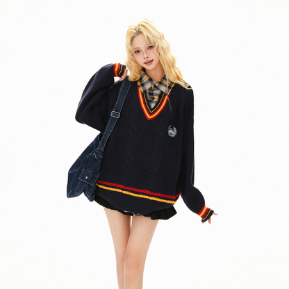 シャツフェイクレイヤード/ラインネック/ワンポイントケーブル編みデザインニット/cm0057