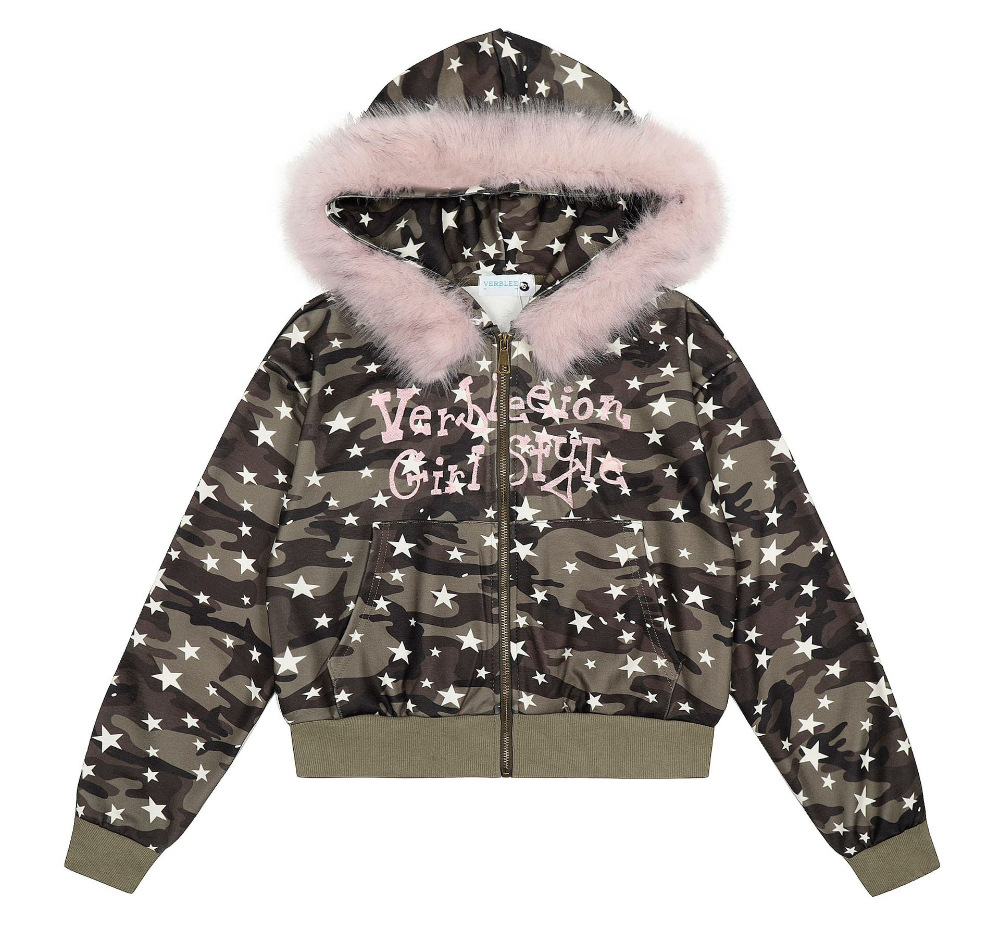 ファー付き迷彩スタープリントジップアップフードパーカー/cm0049