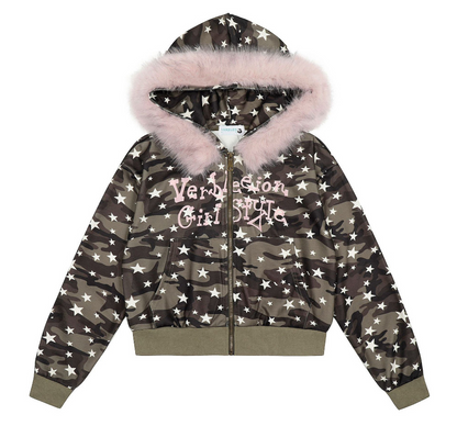 ファー付き迷彩スタープリントジップアップフードパーカー/cm0049