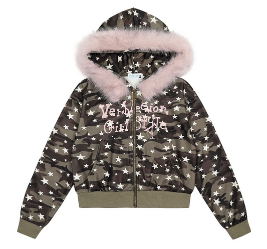 ファー付き迷彩スタープリントジップアップフードパーカー/cm0049
