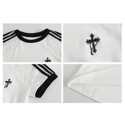 シースルーショルダーワンポイントクロス半袖Tシャツ/cm0301