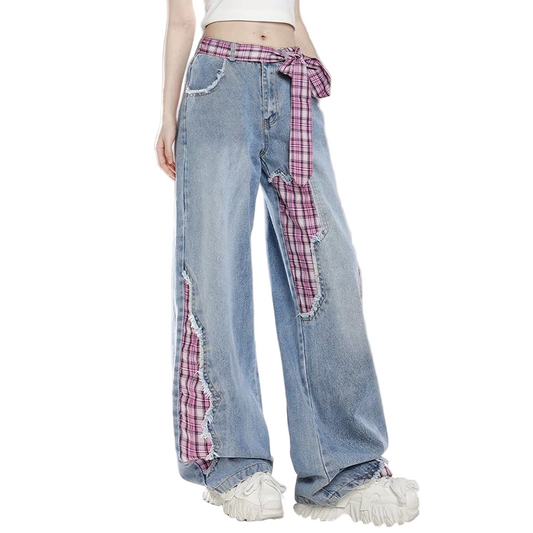 チェック切り替えデニムパンツ/2color/cm0052