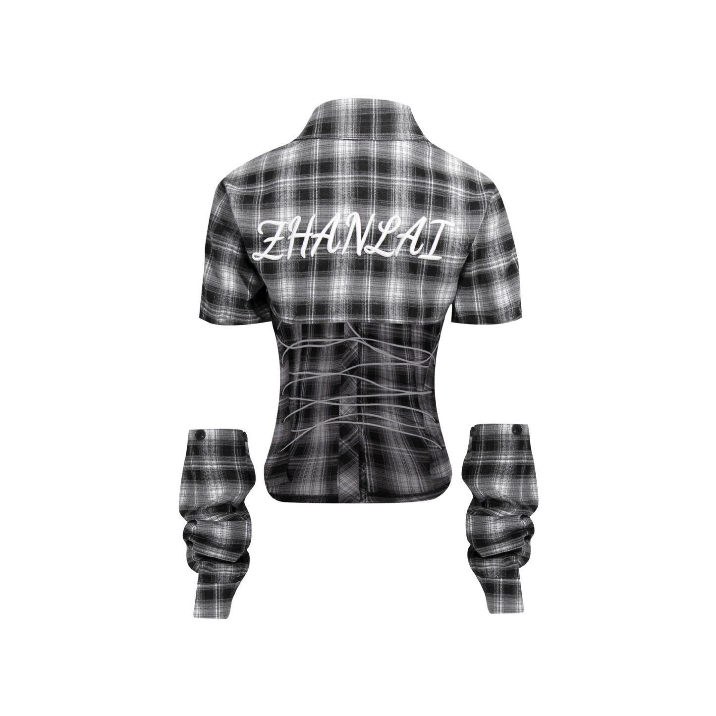 バック刺繍スリーブ取り外しチェックシャツ/cm0095