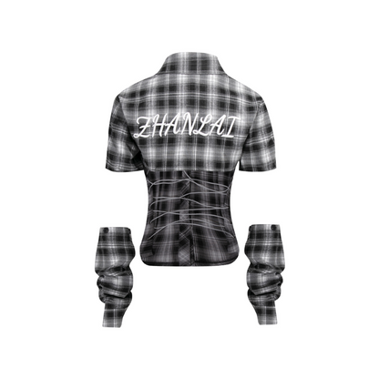 バック刺繍スリーブ取り外しチェックシャツ/cm0095