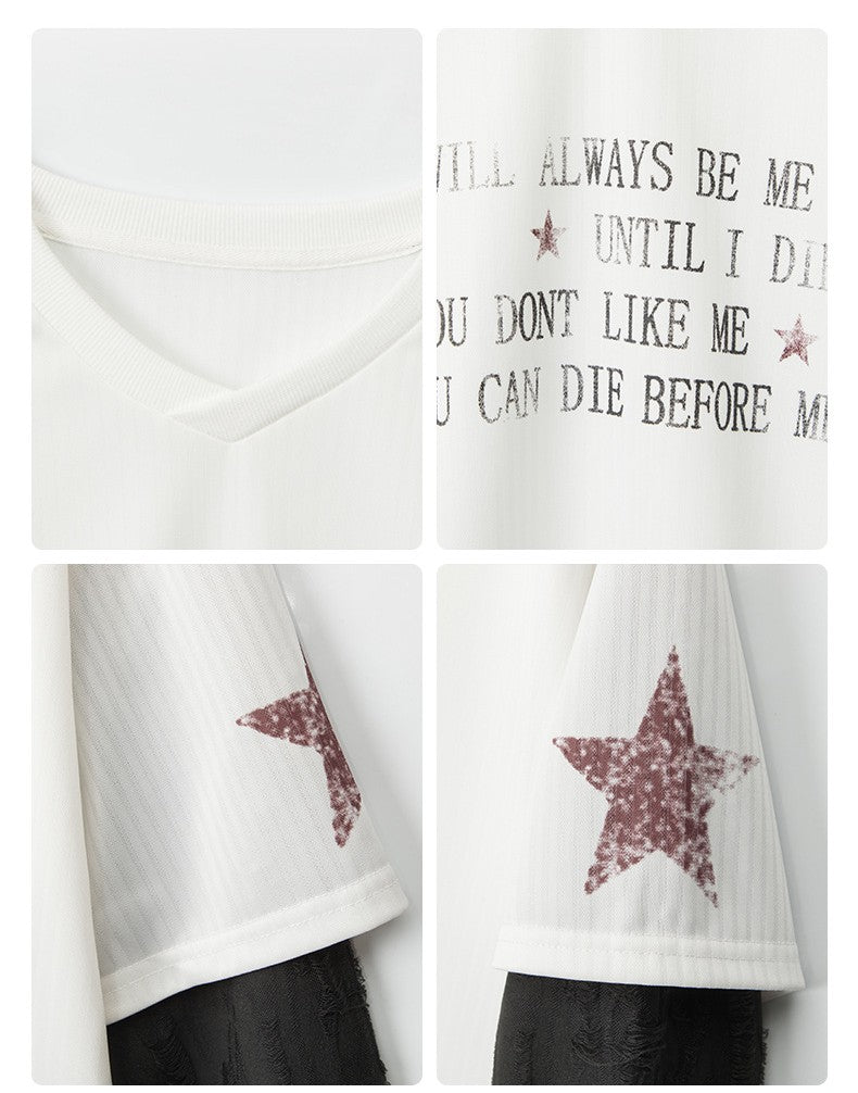 VネックコントラストダメージフェイクレイヤードTシャツ/2color/cm0045