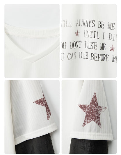 VネックコントラストダメージフェイクレイヤードTシャツ/2color/cm0045