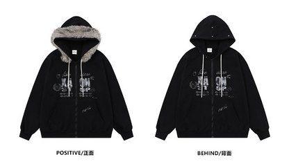 ファー付きプリントスウェットパーカー/2color/cm0029