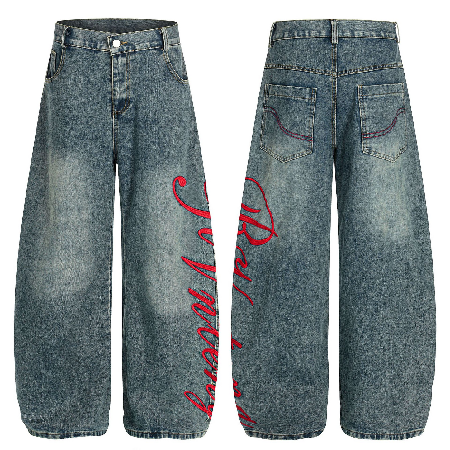 サイド刺繍デザインバックポケットステッチディテールデニムパンツ/cm0120