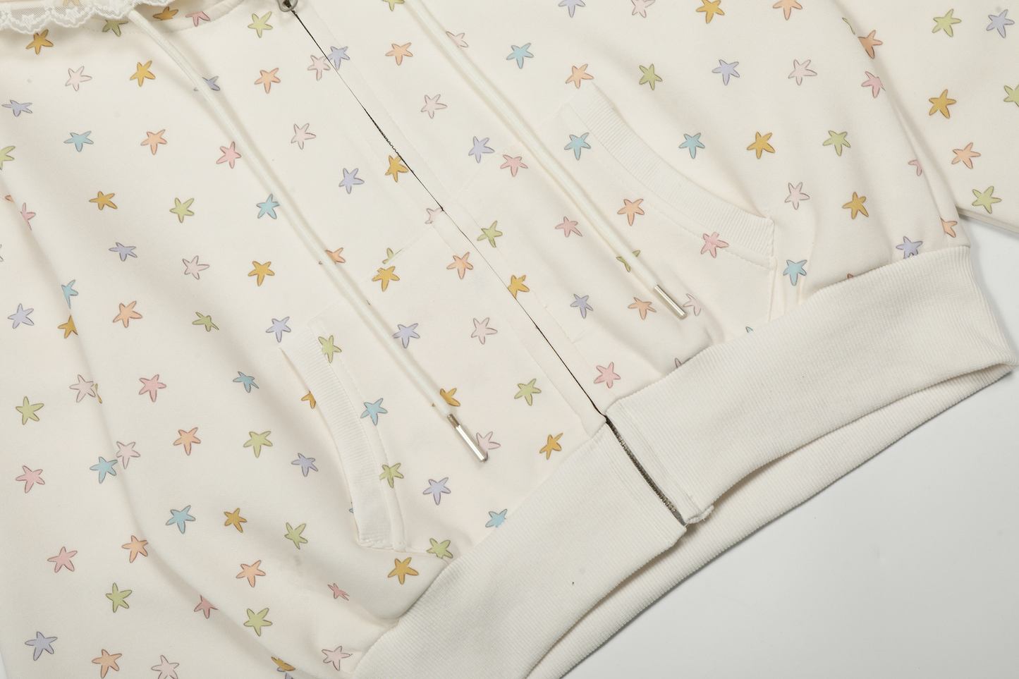 レース縁フードスタープリントジップアップパーカー/cm0050