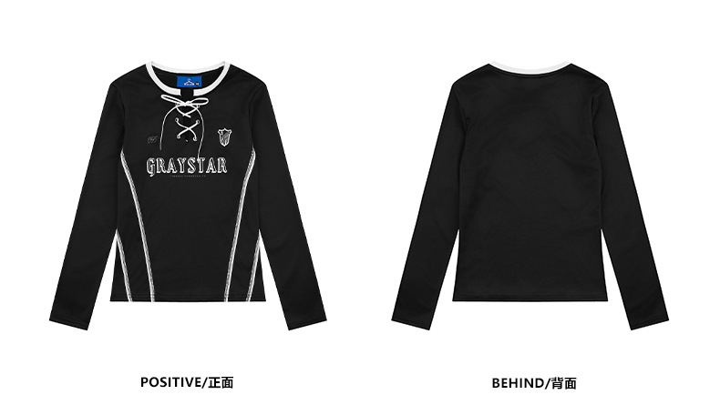 レースアップラインデザイン長袖カットソー/2color/cm0128