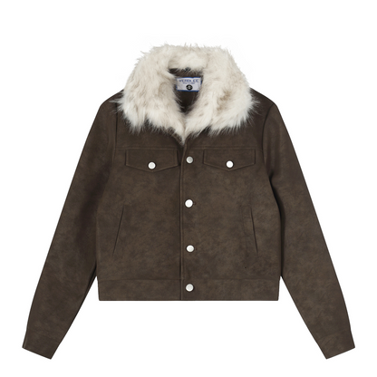 ファー付きフェイクレザーダブルポケットデザインジャケット/2color/cm0044