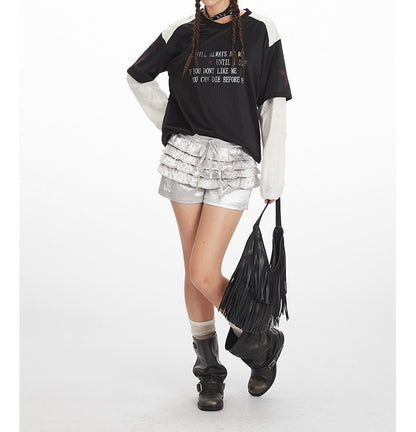 VネックコントラストダメージフェイクレイヤードTシャツ/2color/cm0045