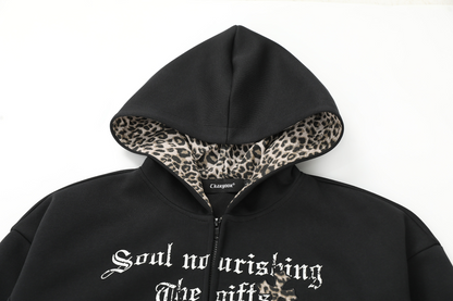 クロスレオパード柄ジップアップパーカー/2color/cm0080