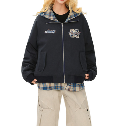 チェックフェイクレイヤード刺繍ロゴジャケット/2color/cm0085