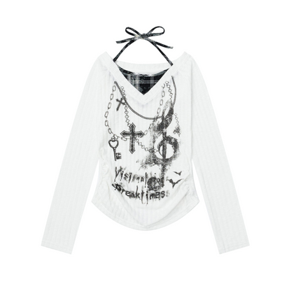 クロスデザインプリントフェイクレイヤートップス/2color/cm0153