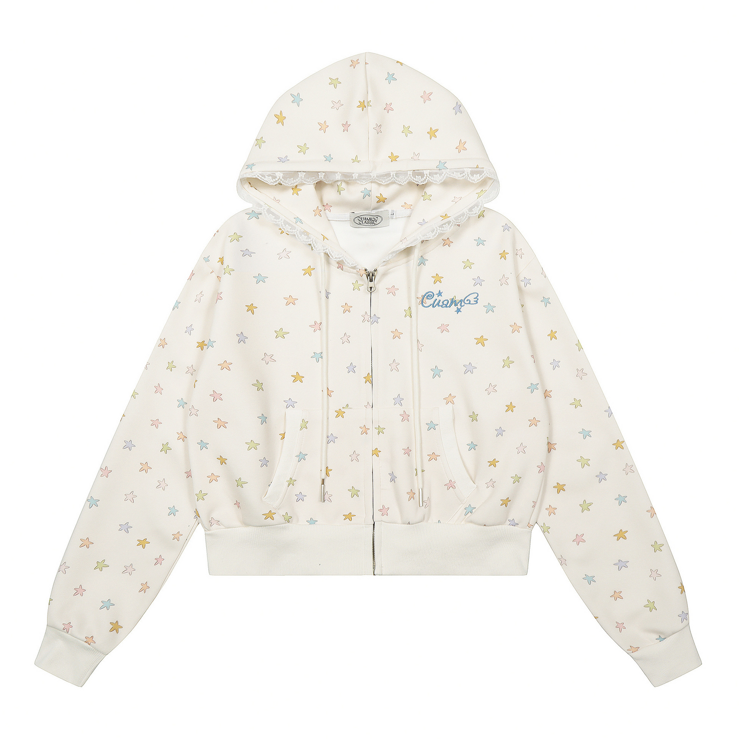 レース縁フードスタープリントジップアップパーカー/cm0050