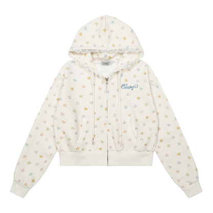 レース縁フードスタープリントジップアップパーカー/cm0050