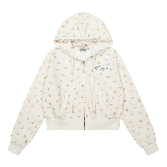 レース縁フードスタープリントジップアップパーカー/cm0050