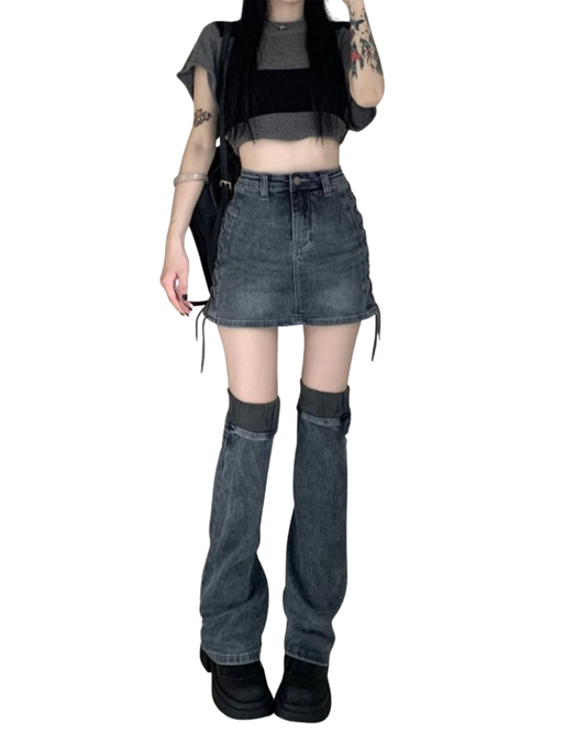 デニムレッグカバー付きデニムミニスカート/2pcセット/cm0053