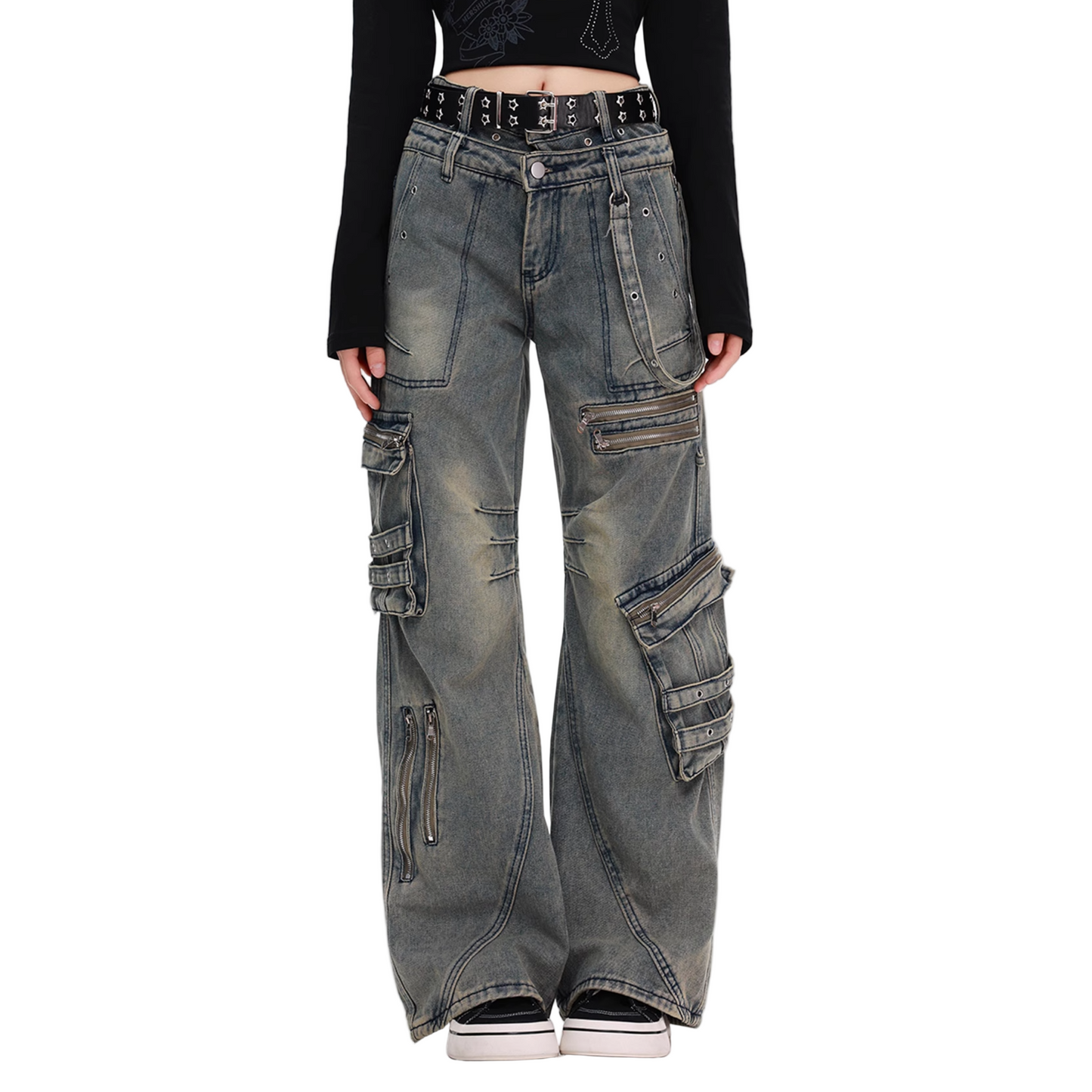 ジップディテールマルチポケットデニムカーゴパンツ/2color/cm0130