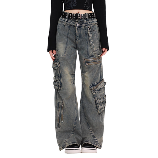 ジップディテールマルチポケットデニムカーゴパンツ/2color/cm0130