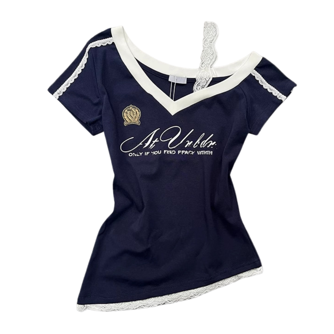 Asymmetrical design/lace shoulder strap short sleeve T-shirt