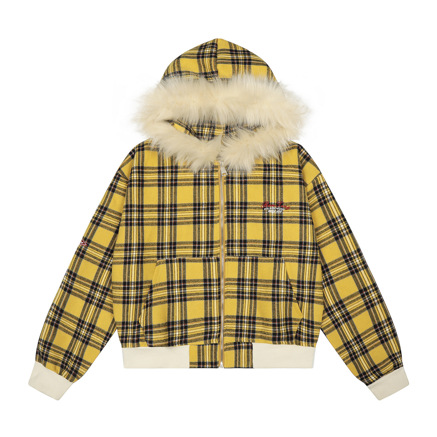 チェック柄ファーフードワンポイント刺繍ロゴジップアップジャケット/2color/cm0013