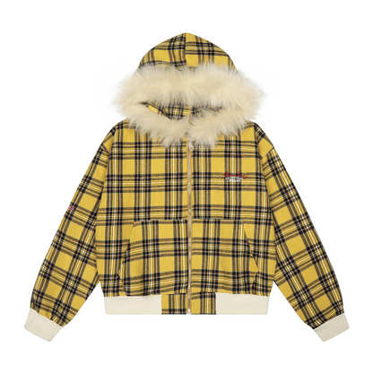 チェック柄ファーフードワンポイント刺繍ロゴジップアップジャケット/2color/cm0013