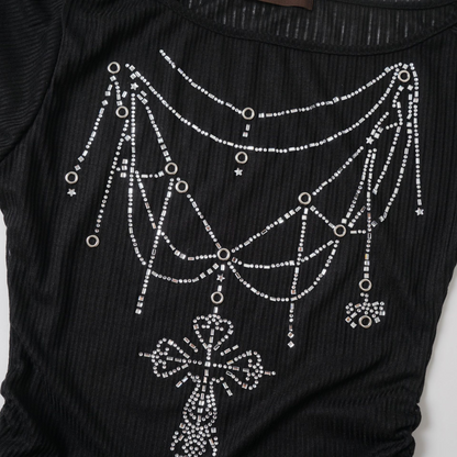 ベルトデザインラインストーン長袖トップス/2color/cm0156