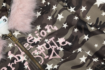 ファー付き迷彩スタープリントジップアップフードパーカー/cm0049