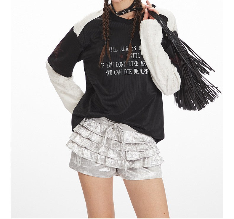 VネックコントラストダメージフェイクレイヤードTシャツ/2color/cm0045