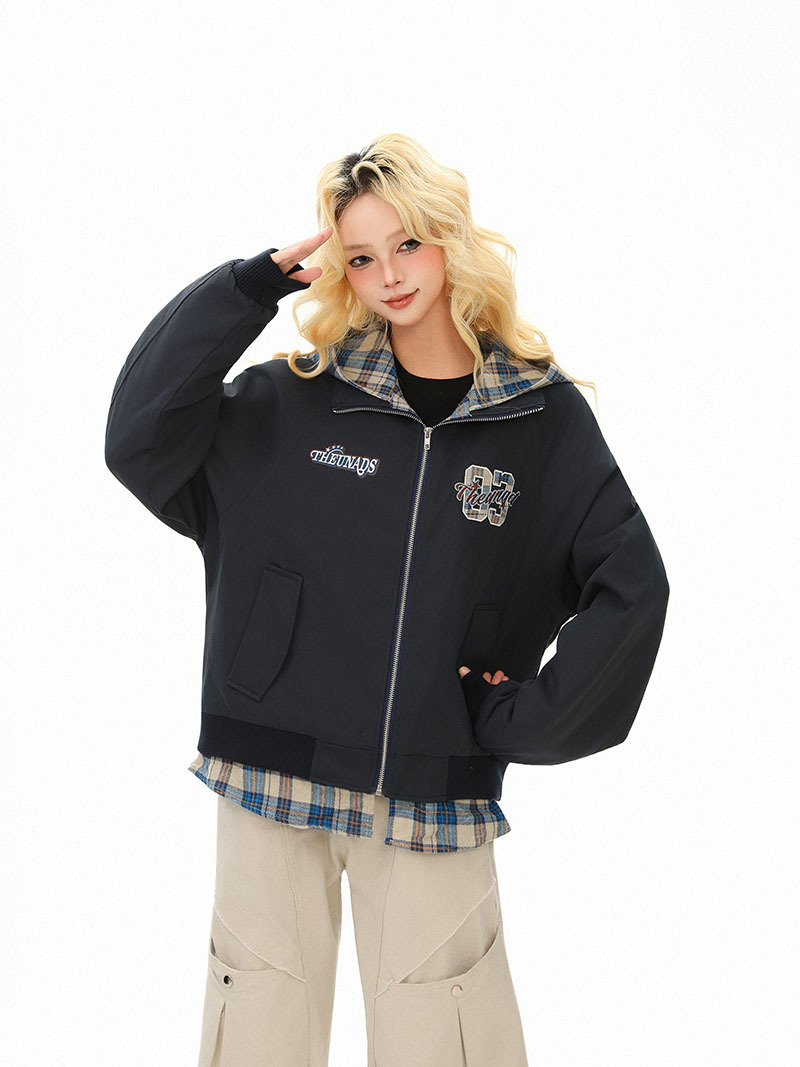チェックフェイクレイヤード刺繍ロゴジャケット/2color/cm0085