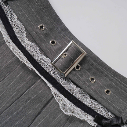 ベルトデザインレースディテールステッチワンポイントロゴミニスカート/cm0121