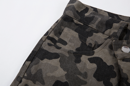 カモフラ柄ビジューアルファベットデザインデニムパンツ/cm0091