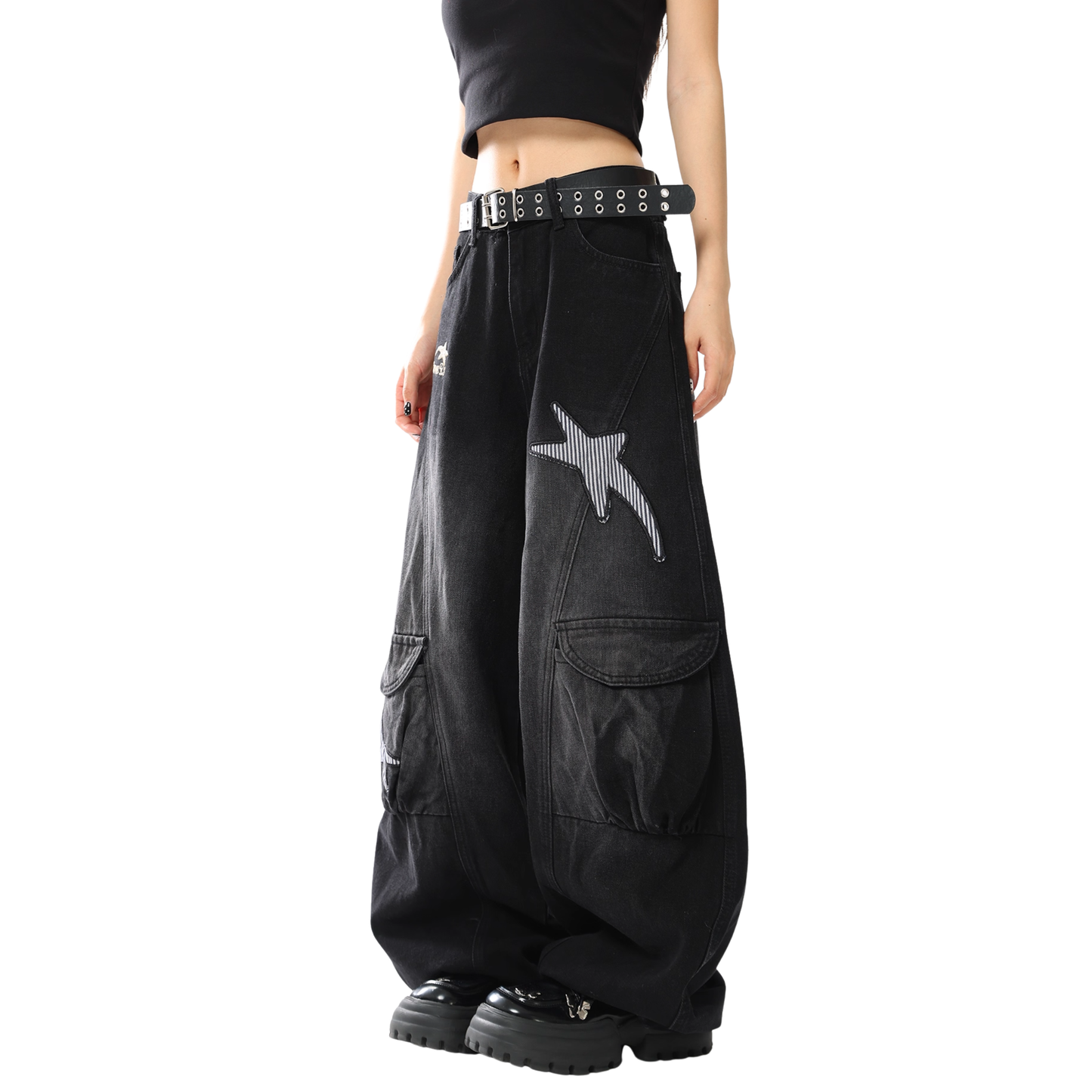 スターデザインワイドデニムパンツ/2color/cm0007