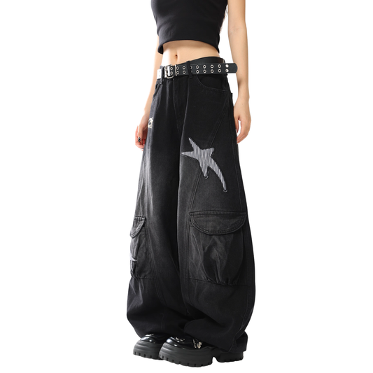 スターデザインワイドデニムパンツ/2color/cm0007