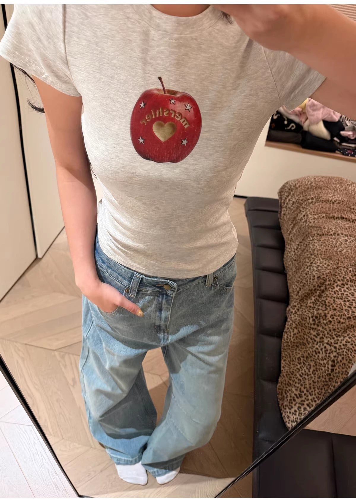 2color/ハートデザインアップルプリントTシャツ/cm0221
