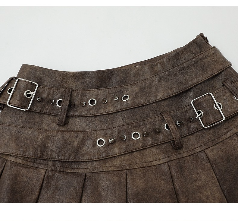 ベルトデザインフェイクレザーミニスカート/2color/cm0102