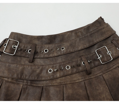 ベルトデザインフェイクレザーミニスカート/2color/cm0102